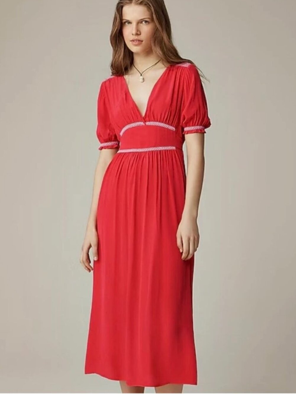NWT - J.Crew Smocked-Trim Midi Dress in Crepe de Chine